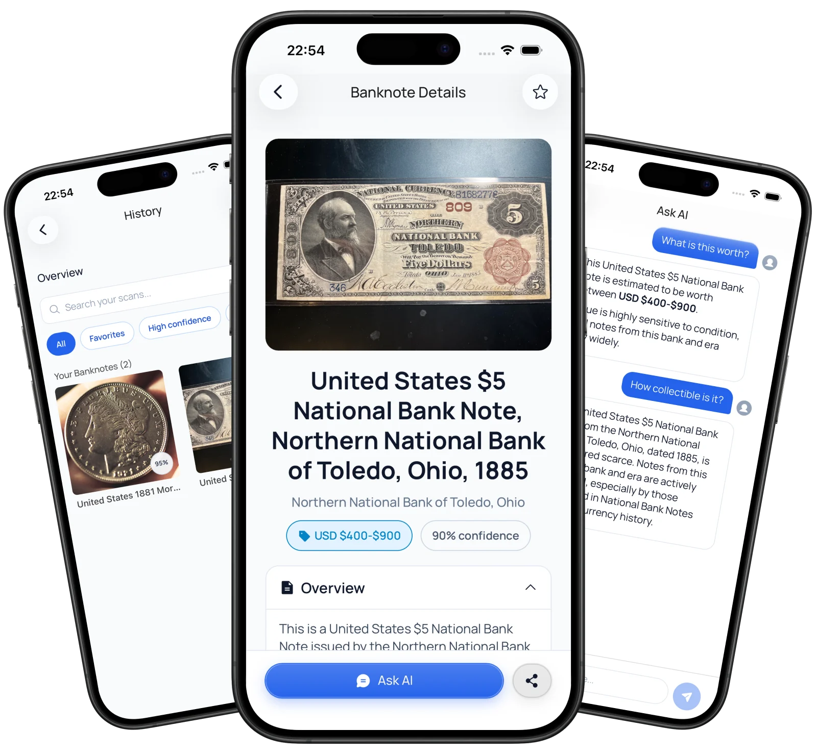 Money AI banknote report, collection history, and collector assistant screens
